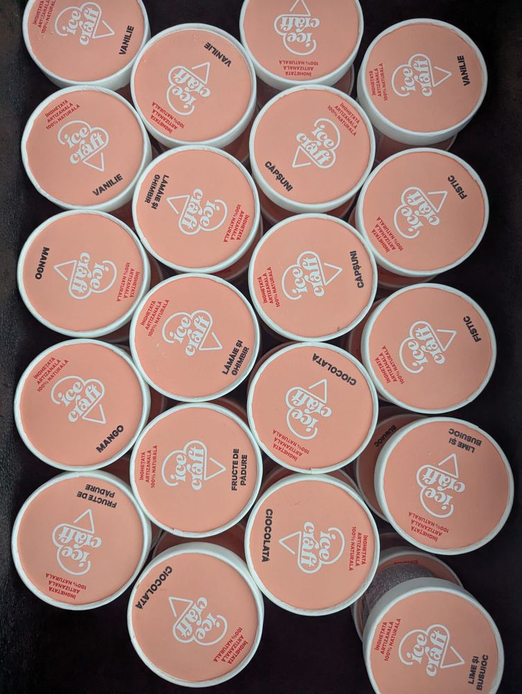 Sortiment complet casolete înghețată artizanală IceCraft — vanilie, ciocolată, căpșuni, mango și alte arome naturale